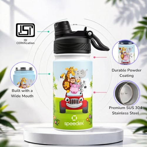 Image of Speedex Jungle Toon 500 Kids Vacuum Insulated Stainless Steel Water Bottle 450 ML | Double Wall Hot & Cold Sipper (Straw + Direct Sip) | Leakproof BPA Free School Water Bottle for Boys & Girls