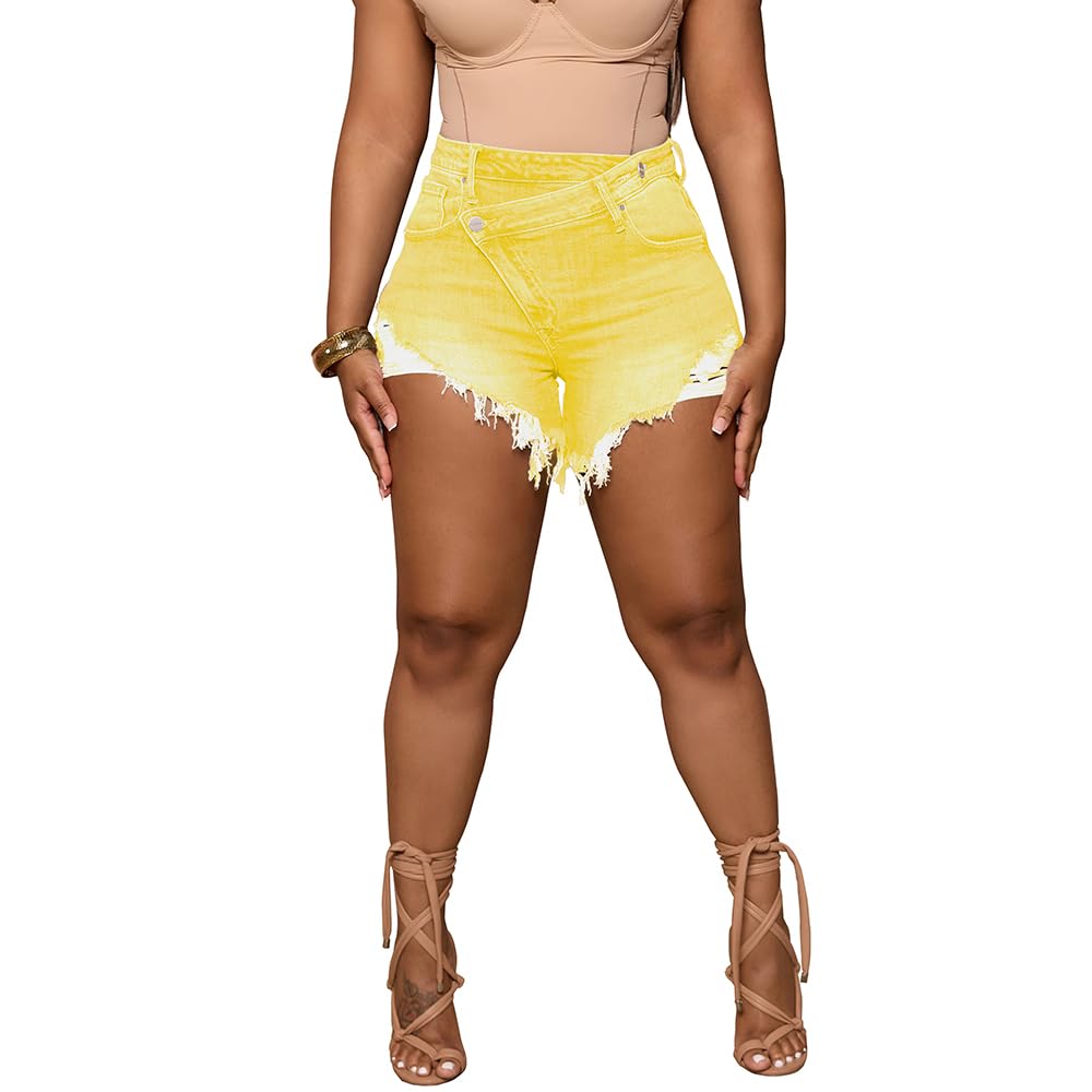PINSV Women's High Waisted Crossover Jean Shorts Ripped Raw Hem Summer Hot Denim Shorts Yellow XXL