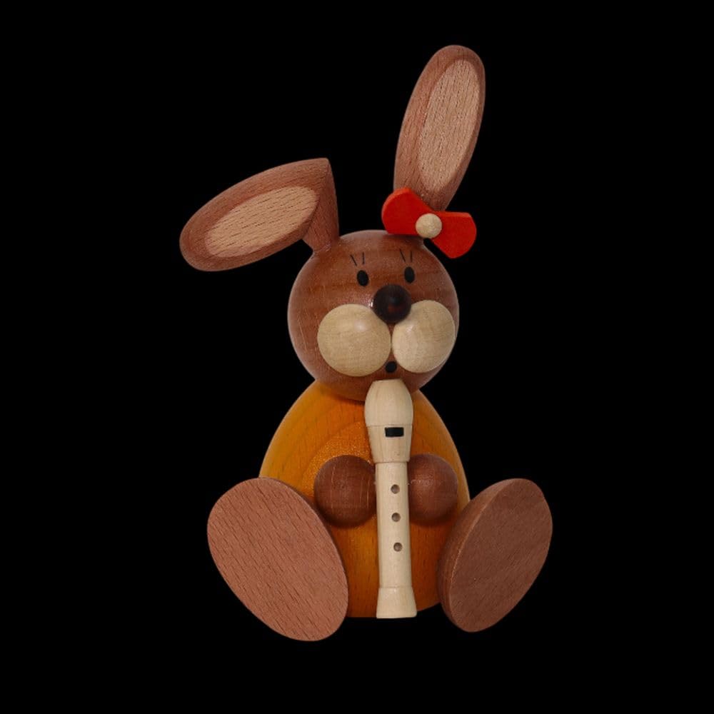 Osterfigur Osterhäsin sitzend mit Flöte BxHxT 7x11x7cm NEU Osterhase Häsin Flöte Musik Figur Frühling Holzkunst