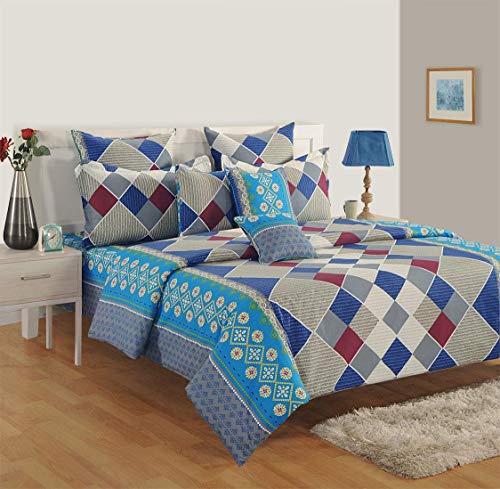 Image of Swayam Pure Cotton Single Bedsheet with 1 Pillow Covers | Size 60 x 90 inch | 160 TC | Geometric Design | Soft Breathable Bed Sheet | Comfortable & Durable for Bedroom - Blue & Beige