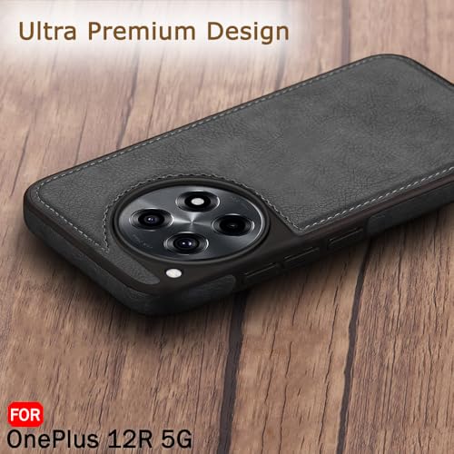 Image of TheGiftKart Genuine Leather Finish Back Cover Case for OnePlus 12R 5G | Shockproof Design | Raised Edges for Camera & Screen Protection | Stunning Minimalist Design Back Cover for OnePlus 12R (Black)