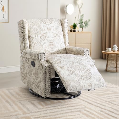 Image of Swivel Rocker Recliner Chair, 360 Swivel Wingback Recliner Chairs for Living Room, Upholstered Printed Fabric Glider Rocking Chair with High Back, Deep Seat forBedroom, Beige