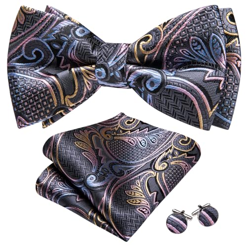 Image of Barry.Wang Paisley Striped Bow Tie for Men Silk Pre-Tied Bowtie Pocket Square Cufflinks Set Formal Wedding Party Prom