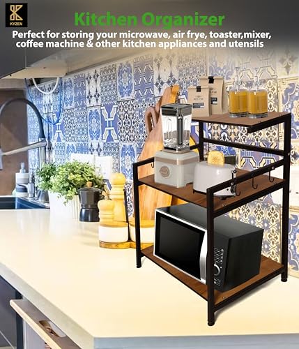Image of KYZEN Deluxe Microwave Oven OTG Stand for Kitchen Counter, Toaster Organizer, Extra Storage with Side Hooks for Home & Kitchen Appliances 3T Deluxe