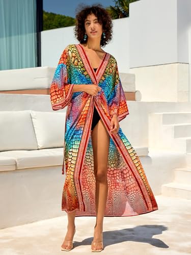 Image of Women's Kimono Cover Up Long Beach Dress Swimsuit Cover Ups Colorful Cardigan Lightweight Robe for Swimwear