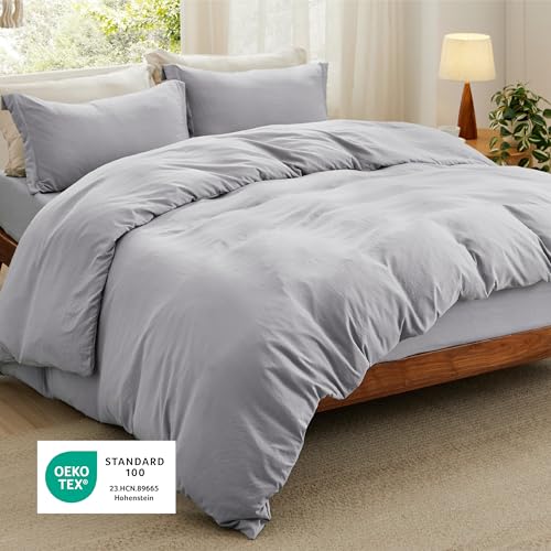 Image of Bedsure Duvet Cover King Size with Fitted Sheet - 4 Pieces Prewashed Cotton-Like Polyester Extra Soft Bedding Set, Includes 1 Duvet Cover 104x90 Inches, 2 Pillow Shams, 1 Fitted Sheet, Light Grey