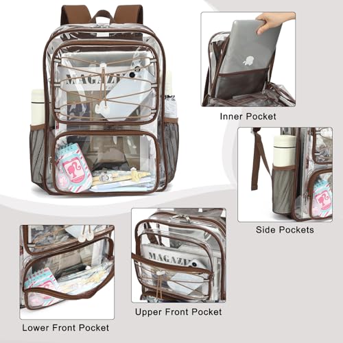 Clear Backpack for Girls Women, Heavy Duty Transparent School Backpacks See Through PVC Bookbag for College Work Security Travel (Coffee)4