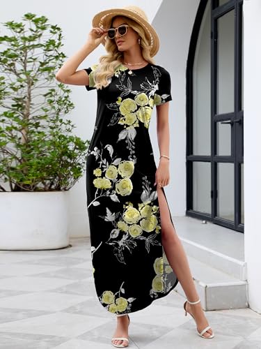 Image of Heymoments Womens Summer Maxi Dress Short Sleeve Casual Loose Long T Shirt Split Vacation Beach Sundress with Pockets