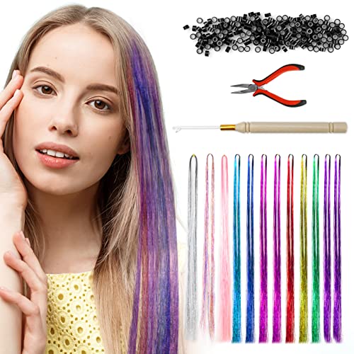 LULI 47 Inch Hair Tinsel Kit with Tools 12 Colors Sparkling Shiny Extensions Heat Resistant Colorful Accessories for Christmas New Year Halloween Cosplay Party, Plier Needle Included