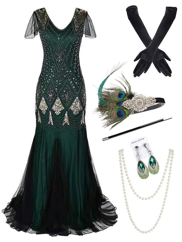 869A - Plus Size 1920s Vintage Fringed Gatsby Sequin Dimand Tassels Flapper Party Cocktail Dress with Accessories