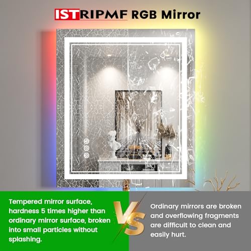 28x32 inch LED Bathroom Mirror with RGB Lights Color Changing Backlit Mirror Shatterproof Dimmable Anti-Fog Lighted Vanity Mirror (RGB Multicolor Backlit + Adjustable Front-Lighted)