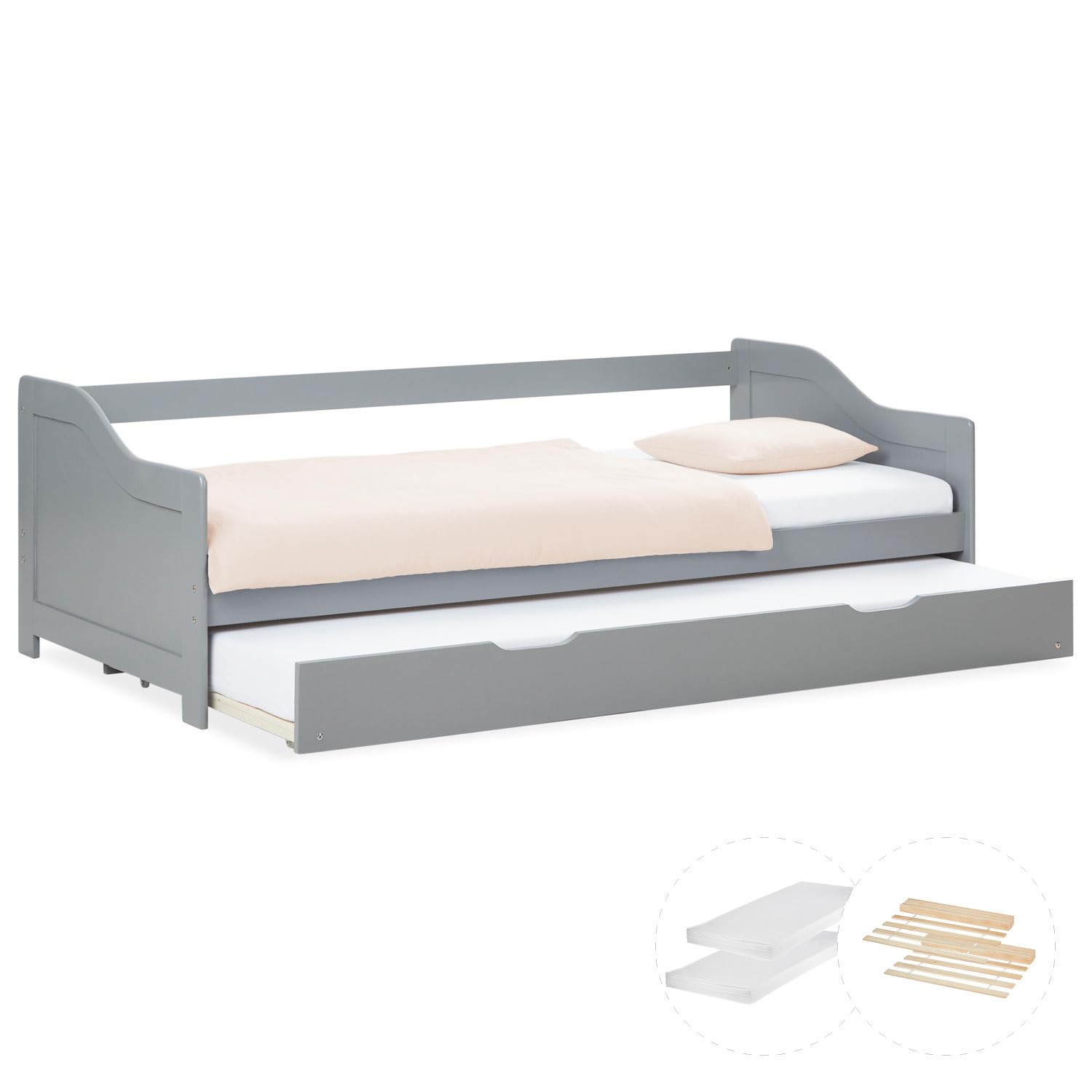 Homestyle4u Kinderbett 90x200 ausziehbar mit Schublade & 2 Matratzen Lattenrost Massivholzbett Kojenbett Gästebett Grau Kiefer massiv Holz