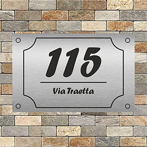 Numero Civico Personalizzato per Esterno StickerLab, Made in Italy - Targa in Laminato Plastico 3,2mm con Stampa UV Alta Definizione - Effetto Acciaio Spazzolato - Acciaio Spazzolato - Stampa Nera