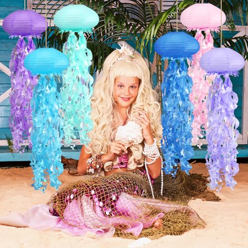 Image of Jellyfish Paper Lanterns Under The Sea Party Decorations for Mermaid Ocean Themed Birthday Party Decorations Baby Shower Classroom Decor 6pcs Blue Style Lantern