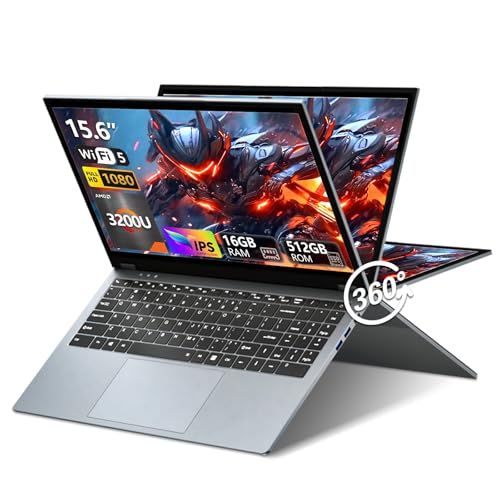15,6' Ordinateur Portable 2 en 1, Win11 PC Portable 16Go DDR4 512Go SSD, PC Portable AMD Ryzen 3 3200U CPU, Laptop avec 360°Flip IPS Tactile Écran, AMD Radeon Graphics GPU, RJ45+TypeC+Mini-HDMI