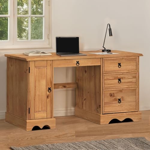 Corona Solid Wood Pine Straight Computer Desk Drawers Keyboard Shelf Door Cupboard Wooden Large Long Office Bedroom Mexican Style 74cm High 145cm Wide 48cm Deep