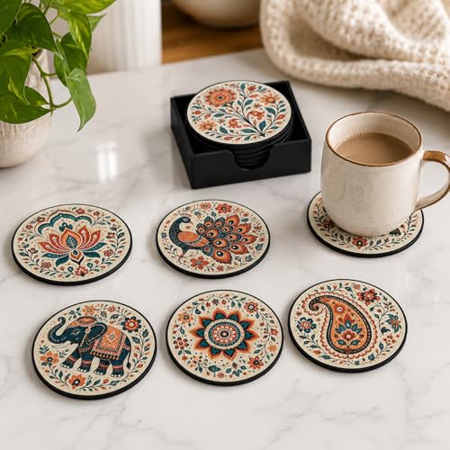 Image of Zesta Coasters for Cups Set of 6 / Wooden Coasters for Bar Accessories for Home /Tea Coaster Set of 6 / Waterproof Dining Table Decor Glass Cover (Abstract 2, Circle)