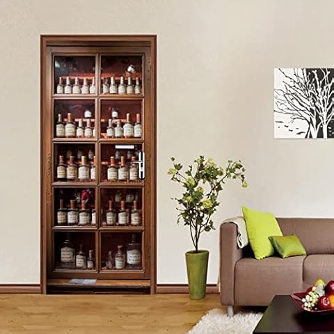 MASACANDY 3D Door Murals Stickers for Interior Doors 2pcs Vinyl Self Adhesive Removable Waterproof Wine Cabinet, Retro 32.6 X 80.3 inch DIY Door Decals for Living Room Art Home Decoration Cover