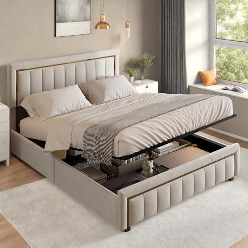 Polsterbett 160x200 cm Doppelbett mit Goldfaser-Einfassung, Hydraulisch Stauraumbett, Jugendbett mit kopfteil und Lattenrost, Bettgestell für Erwachsene, Samt (Beige, 160 x 200 cm) Polsterbett 160x200 cm Doppelbett mit Goldfaser-Einfassung, Hydraulisch Stauraumbett, Jugendbett mit kopfteil und Lattenrost, Bettgestell für Erwachsene, Samt (Beige, 160 x 200 cm)