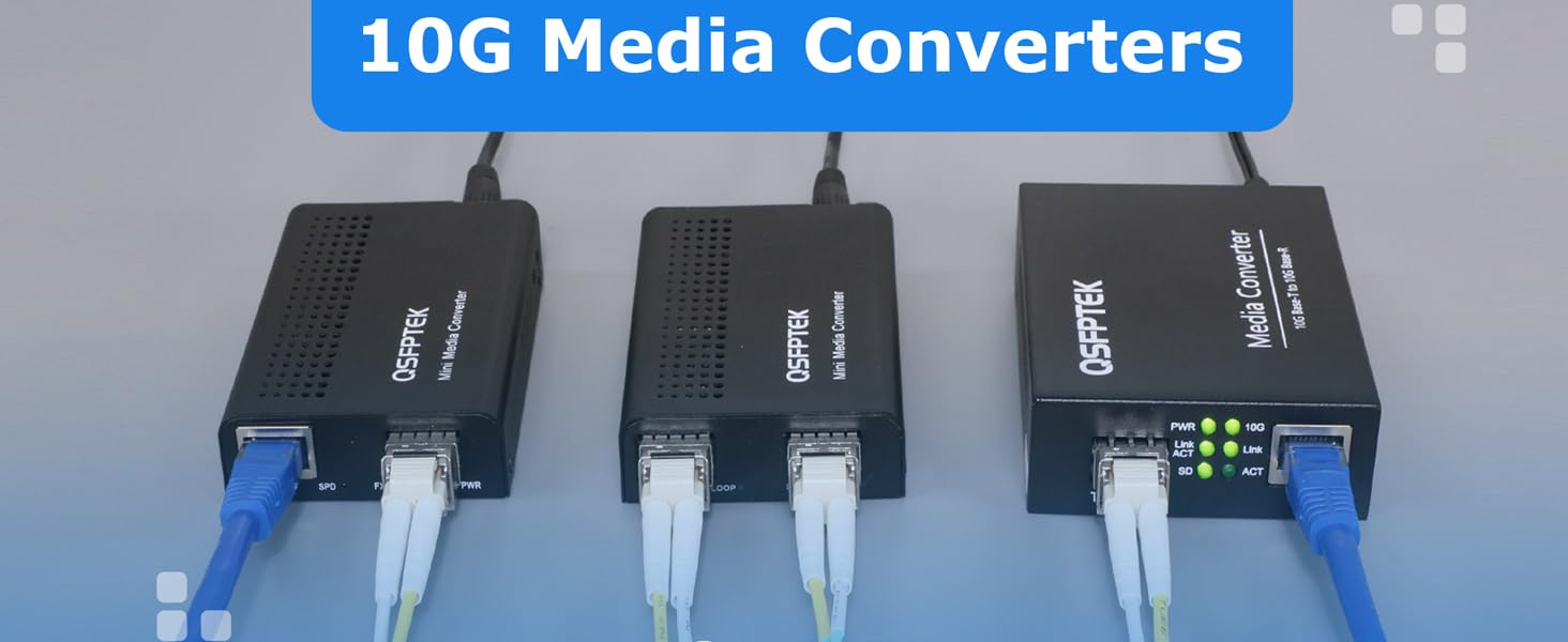 QSFPTEK Convertisseur de média 10 G, fibre 10 Gigabit vers cuivre UTP Ethernet 10 G, non géré 1 x 100 M/1 G/2,5 G/5 G/10 GBase-T RJ45 vers 1 emplacement SFP+ 10 GBase-X