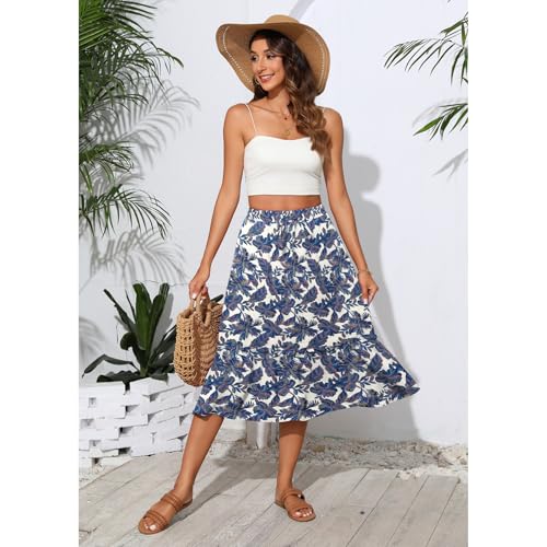 Image of Witsmile Summer Skirts Midi Length Flowy Pleated Tiered Skirts for Women 2025 Dressy Casual(FP Blue Leaf,XL)