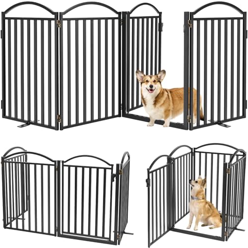 Malier Metal Freestanding Dog Gates with Door, 32'' Height Outdoor Indoor Dog Fences, Extra Wide Foldable Puppy Gate Free Standind Tall Pet Gate for Stairs, Hallways, Doorways, Yard (Black, 4 Panels)