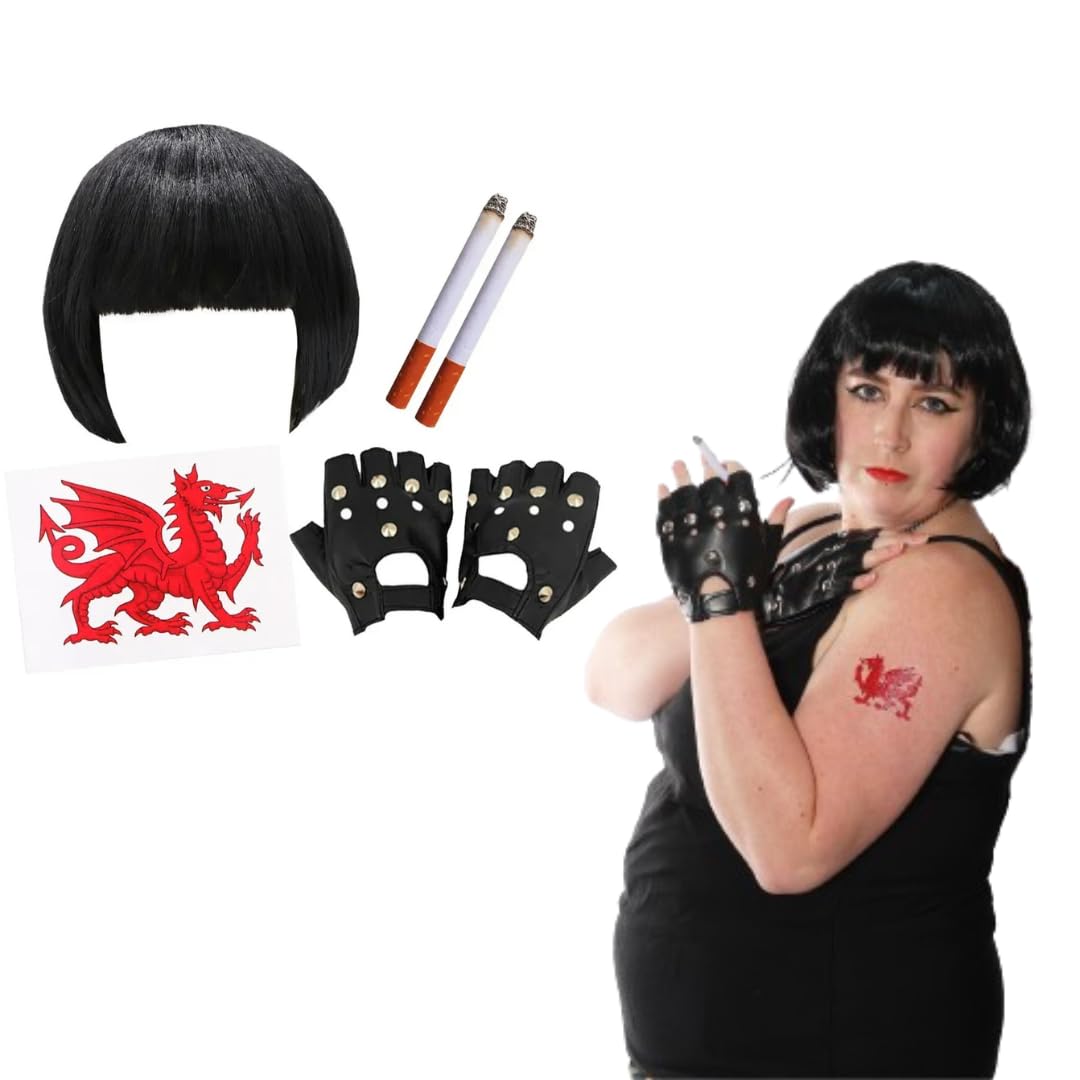 Welsh TV Character Costume, Black Bob Wig, Welsh Dragon Tattoo, Black Studded Gloves and 2 Fake Cigarettes - Image 4