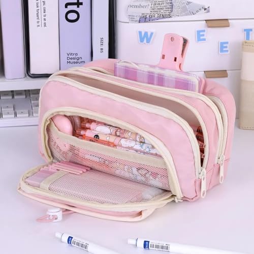 Image of Kawaii Cute Aesthetic Pencil Case for Students | Large Capacity Multi-Pocket Pencil Pouch with Zipper | Cartoon Stationery Organizer Bag for School, College & Office Supplies (Dori - Pink)