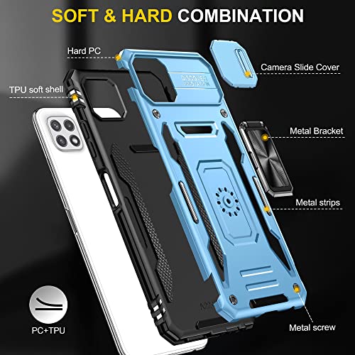 Image of Polycarbonate Slide Camera Cover with Ring Holder Mobile Phone Back Cover for Samsung Galaxy A22 4G /M32 4G (Blue)