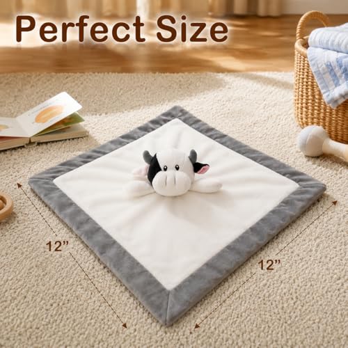 Image of Cow Security Blanket: Soft, Gender Neutral Baby Loveys for Boys and Girls, Snuggle Toy Stuffed Animal, 12 Inch