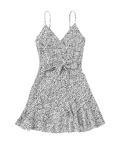 SheIn Women's Sleeveless V Neck Print Knot Ruffle Hem Spaghetti Strap Mini Dress White X-Large