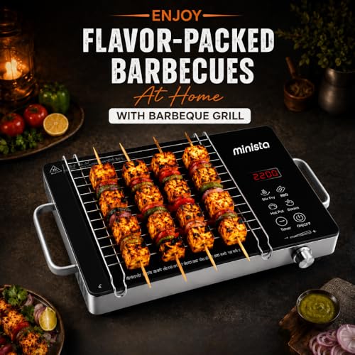 Image of Minista 2200W Infrared Induction Cooktop Stove With Grill Rack, Suitable for All Cookware, Premium Glass Top,Touch Control, Digital Display,Timer, 4 cooking modes, Auto Shut Off, 1 Year Warranty Black