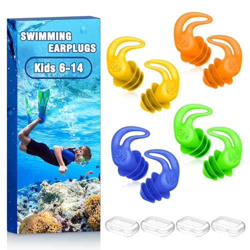 Waterproof Ear Plugs for Swimming Kids - 4 Pairs Reusable Silicone Swimming Ear Plugs for Children Ages 6-14, Keep Ear Water Out, Surfing, Bathing, Water Sports