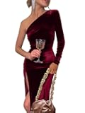 Women's Sexy Elegant One Shoulder Long Sleeve Velvet Ruched Slit Party Long Dress