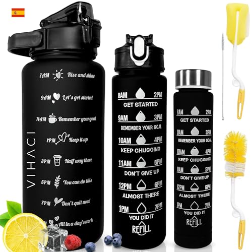 VIHACI Pack 3 Botellas Agua Gimnasio Motivacional Grande - 2L Botella Agua Gym Deportiva Reutilizable Libre BPA - Cantimplora Agua Deportiva - Bidon Agua Deporte Gimnasio - Modernas Coloridas (Negra)
