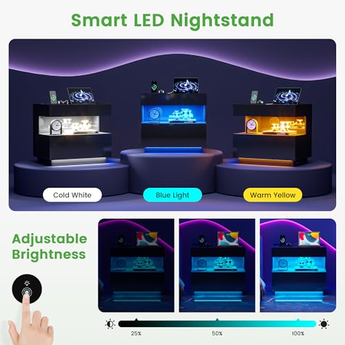 Image of HNEBC Black LED Nightstand with Gun Drawers&USB-C Port&Lights for Bedroom | Bedside table,Motion‑Sensor 3‑Color Lighting, Hidden Storage Compartment, USB, Type‑C Charging Station,hight-gloss