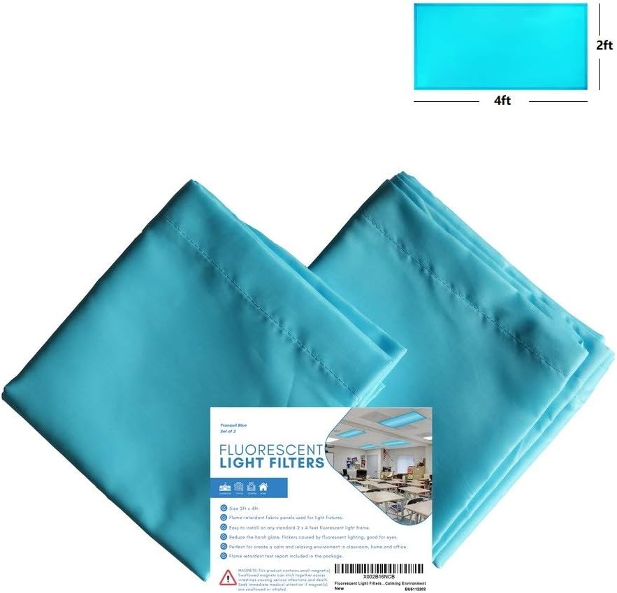 Fluorescent Light Filters, Light Covers for Classroom Office Hospital, 2x4ft, Flame-Retardant Panels, Flame Retardant Certification Included, 10 Strong Magnets, Tranquil Blue, 2 Pack