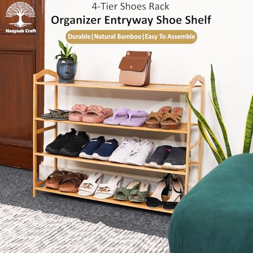 Image of Naayaab Craft Bamboo Shoe Racks 4 Tier Shoes Storage Shelf, Multi-Functional Shoe Storage Organiser Rack, Shoe Tower Shelf for Living Room, Entryway, Hallway - (89 x 23 x 69cm) - Natural