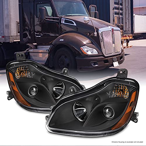 Fits 2013-2019 Kenworth T680 OE Halogen Style Projector Headlights Black Housing - Pair Replacement