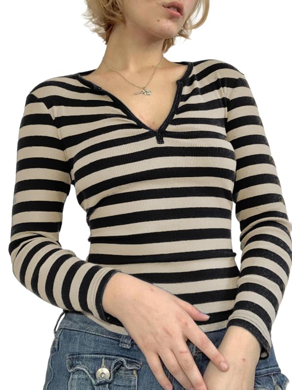 Image of Women Off Shoulder Striped Long Sleeve Top 2026 Fall Going Out Tee Shirts