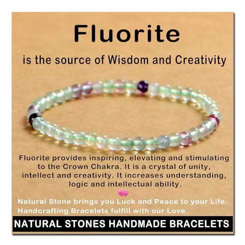AD Beads Handmade Gemstone Stretch Elastic Bracelet Crystal Healing Reiki Nature's Beauty and Spiritual Essence Unisex (4mm, Fluorite)