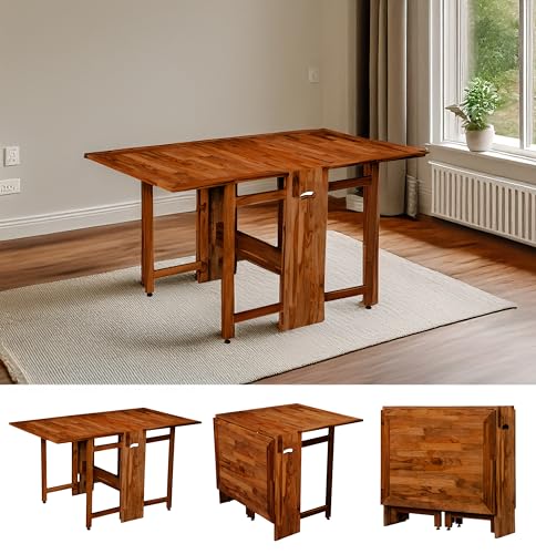Image of Two-Side Folding Teakwood Table - Space-Saving Design, Sturdy Build, Adjustable Levelers, Multi-Purpose Dining, Work, Study, Easy Assemble, Compact Indoor Outdoor Use - DIY Model - Walnut - Dawnriser