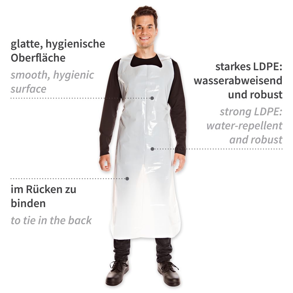 FRANZ MENSCH HygoStar Einwegschürzen ca. 60 my, weiß, 150 x 100 cm | LDPE, 250 Stück (10 x 25er Block), Kochschürze, Metzgerschürze, wasserabweisend, lebensmittelecht