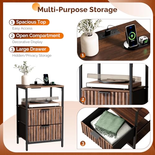 Image of Bonnlo Fluted Nightstand Set of 2, Fabric Dresser with 2 Drawers and 1 Shelf, Bedside Table /End Table with Charging Station, Nightstand for Bedroom, Livingroom, College Dorm, Walunt