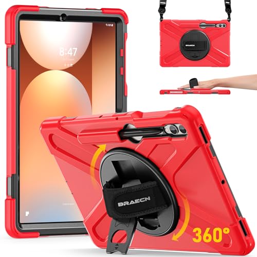 Image of BRAECN Case Galaxy Tab S10 Plus / S9 Plus / S9 FE+ / S8 Plus / S7 Plus / S7 FE | 12.4 inch Shockproof Heavy Duty Full Body Protective Cover with Hand Strap & Kickstand, Shoulder Strap, S Pen Holder Red