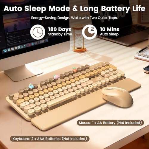 Image of Wireless Keyboard and Mouse Combo, Cute Retro Typewriter Keyboard with Round Keycaps, Full-Size Aesthetic Keyboard with Magnetic Wrist Rest, 2.4GHz USB for Windows /Mac Desktop Laptop (Latte Gradient)
