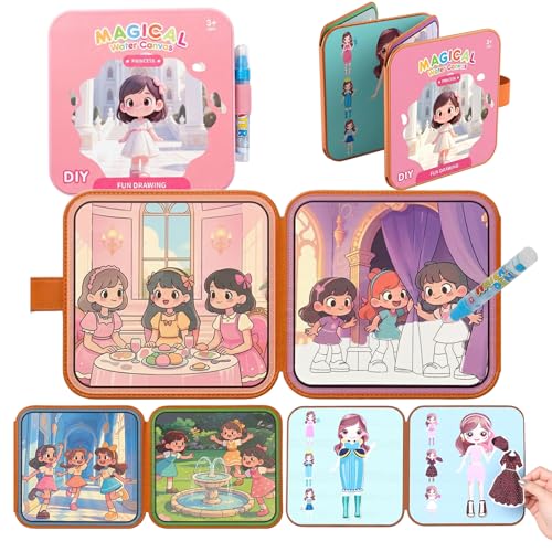 Livre de Coloriage à l'eau Magique Princesse, 2-en-1 Réutilisable Livre de Dessin à l'eau & Jeu d'habillage avec Tenues Velcro pour Enfants, Jouet Éducatif...