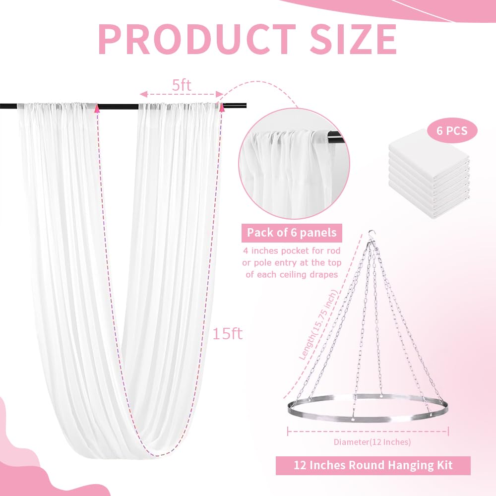 Deckenvorhänge zum Aufhängen für Hochzeit, mit Ring zum Aufhängen und 6 Paneelen, 1,5 x 4,6 m, weiß, durchsichtiger Chiffon-Stoff, Deckenvorhänge für Hochzeitsbogen, Party, Zeremonie,