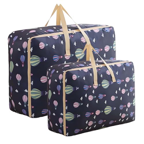 Duvet Storage Bags 2-Pack, 84L + 36L Waterproof Oxford Fabric Bags with Zips, Blue Balloon Design for Comforters, Blankets & Bedding