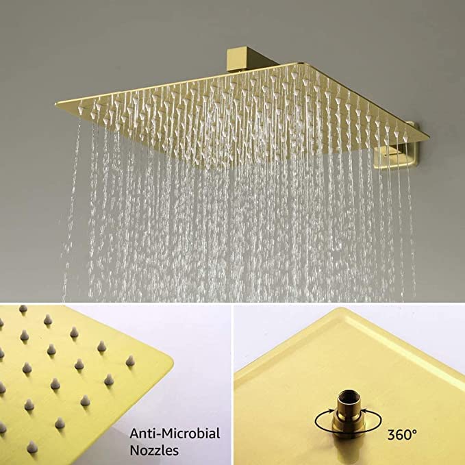 Image of TOSCH Stainless Steel 304 12X12 INCHES Showerhead Grade High Pressure GOLD Square Extra Heavy Rainfall Ultra Slim Ceiling or Wall mount Overhead Shower Only (WITHOUT ARM) Gold Matte Finish (Series-Super Heavy)
